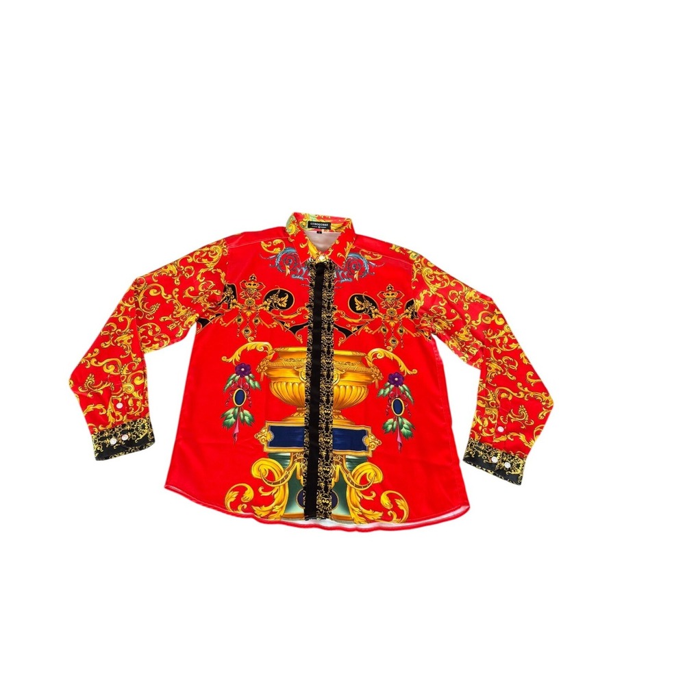 Bogosse Men Red Gold Baroque Print Button Up Shirt Long Sleeve Ornate Filigree L